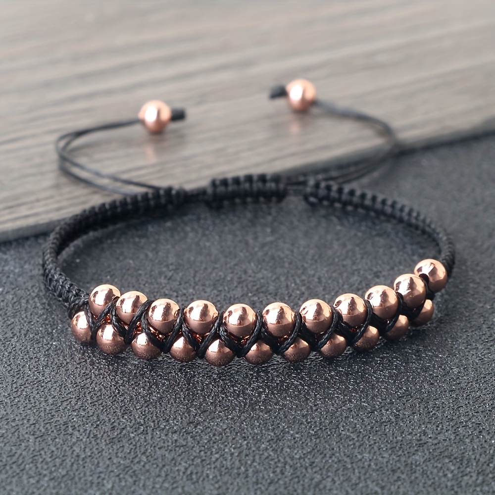 Adjustable Copper Bead Men's Bracelet with Double Row Weaving